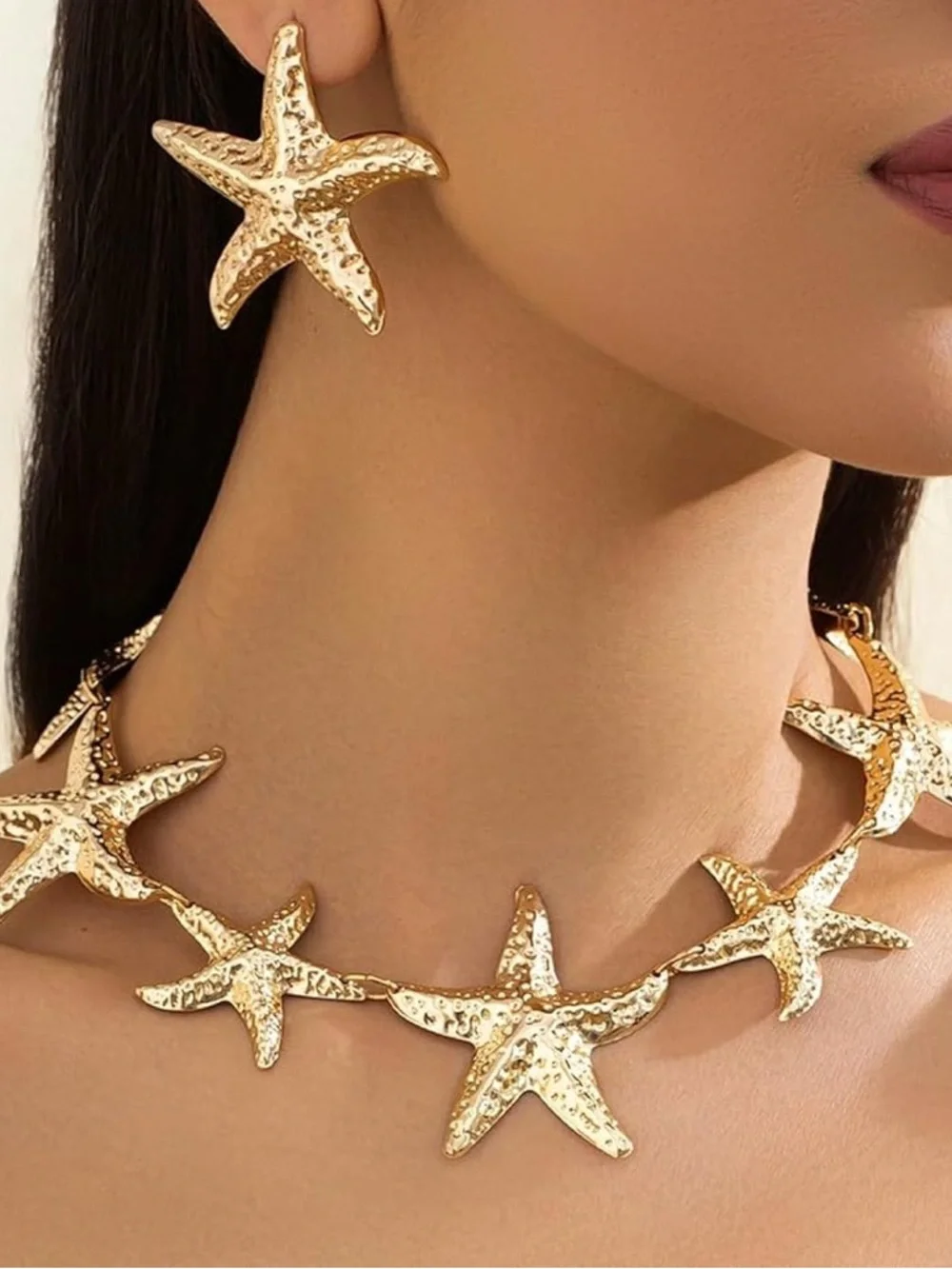 Gold Starfish Statement Necklace and Earrings Set